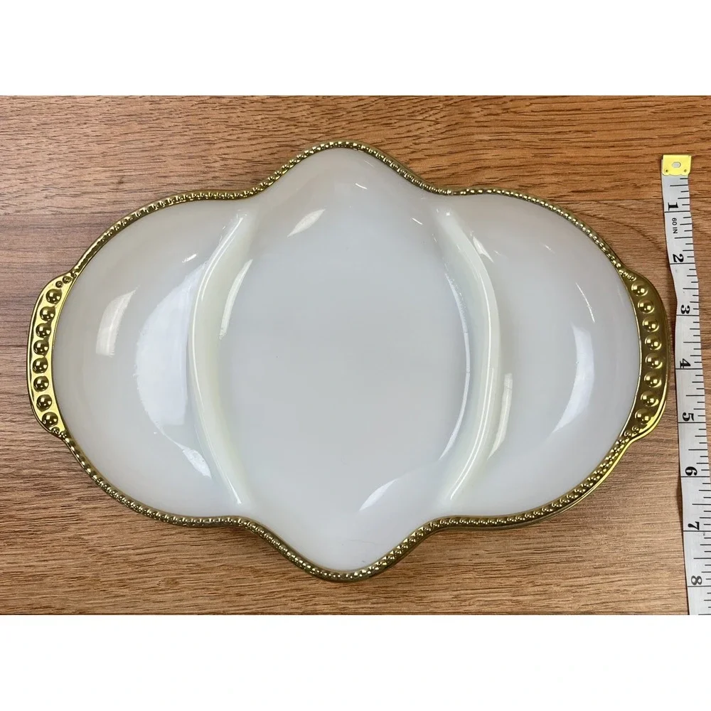 Anchor Hocking Fire King Milk Glass Retro Divided Candy Relish Dish‎ Gold Rim